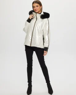 FABRIC JACKET WITH DETACHABLE SHEARLING LAMB HOOD TRIM