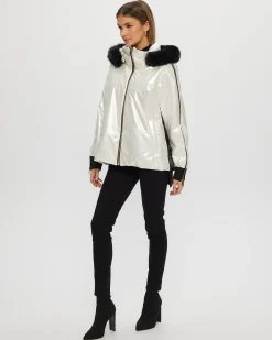 FABRIC JACKET WITH DETACHABLE SHEARLING LAMB HOOD TRIM