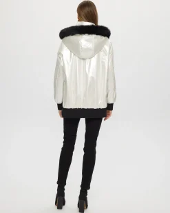 FABRIC JACKET WITH DETACHABLE SHEARLING LAMB HOOD TRIM