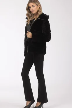 Horizontal Curly Shearling Lamb Zip Jacket With Hood
