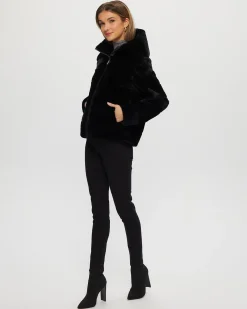 Horizontal Select Shearling Lamb Zip Jacket With Hood