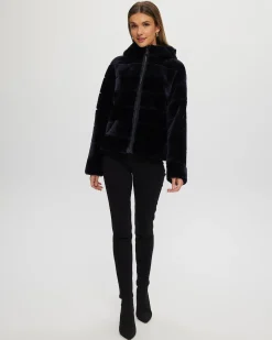 Horizontal Select Shearling Lamb Zip Jacket With Hood