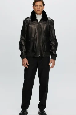 Men's Leather Jacket With Detachable Shearling Lamb Collar