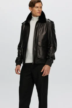 Men's Leather Jacket With Detachable Shearling Lamb Collar