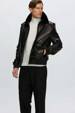 Men's Leather Jacket With Detachable Shearling Lamb Collar