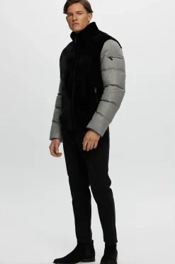 Men's Merino Shearling Lamb Bomber Jacket With Loro Piana Cashmere & Wool Quilted Down Sleeves And Back