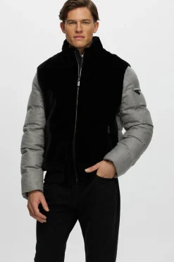 Men's Merino Shearling Lamb Bomber Jacket With Loro Piana Cashmere & Wool Quilted Down Sleeves And Back