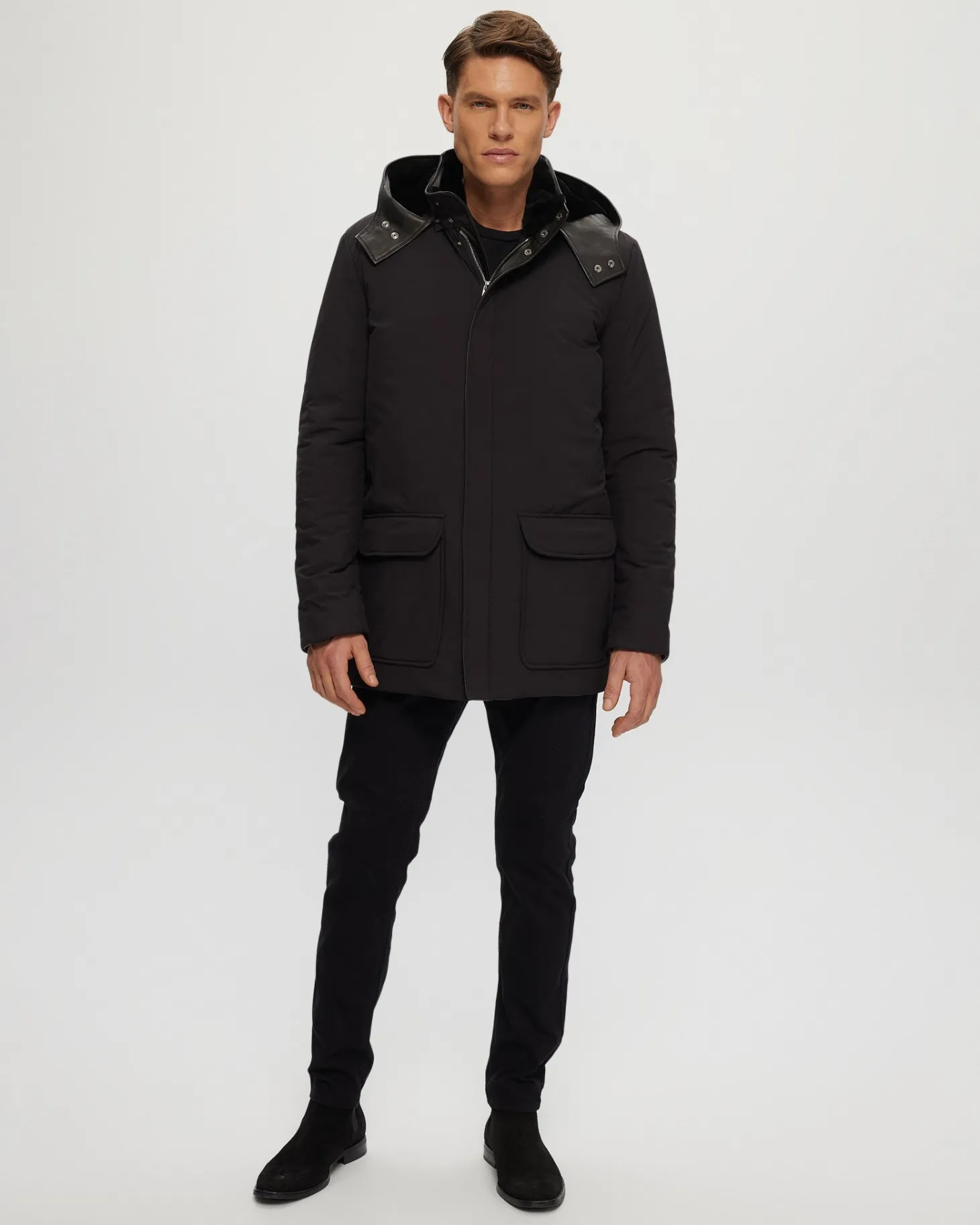 Men's Select Shearling Lamb Lined Parka With Leather Trim And Detachable Select Shearling Lamb Collar And Hood