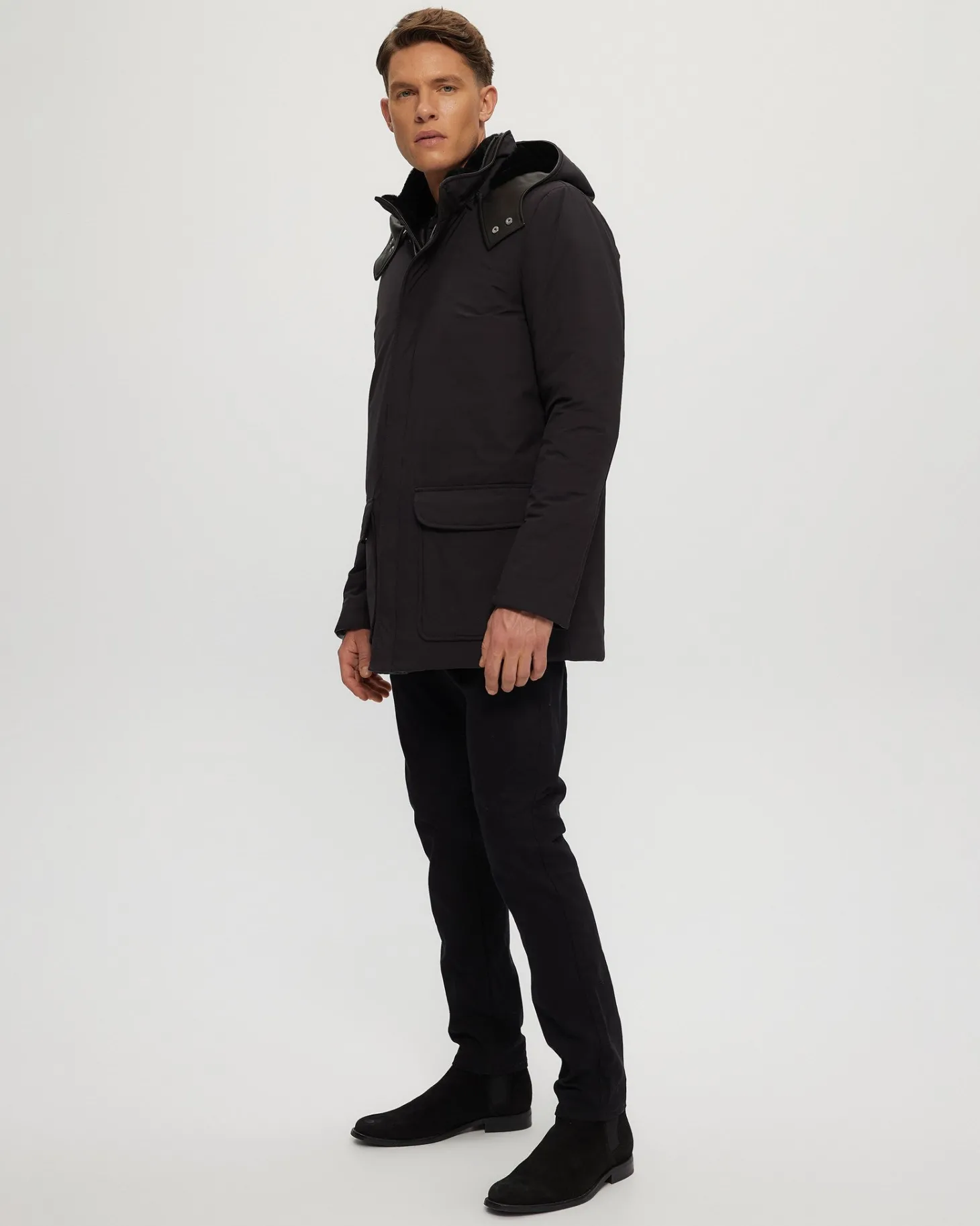 Men's Select Shearling Lamb Lined Parka With Leather Trim And Detachable Select Shearling Lamb Collar And Hood