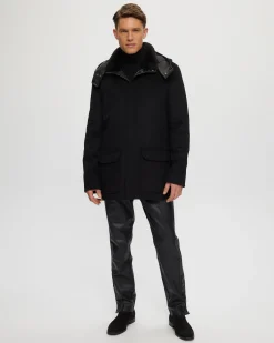 Men's Wool Parka With Detachable Hood And Shearling Lamb Collar