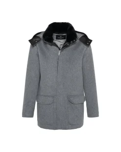 Men's Wool Parka With Detachable Hood And Shearling Lamb Collar