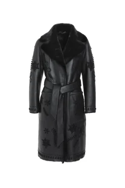 Merino Shearling Lamb Short Coat With Embroidery, Belt
