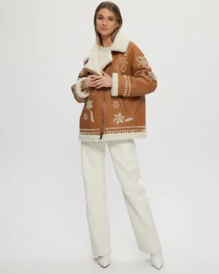 Merino Shearling Lamb Zip Jacket With Wool Embroidery