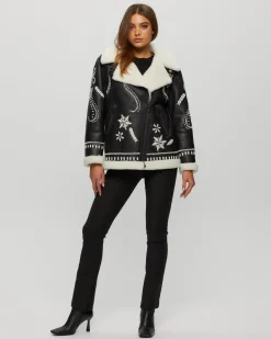 Merino Shearling Lamb Zip Jacket With Wool Embroidery