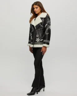 Merino Shearling Lamb Zip Jacket With Wool Embroidery