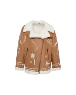 Merino Shearling Lamb Zip Jacket With Wool Embroidery