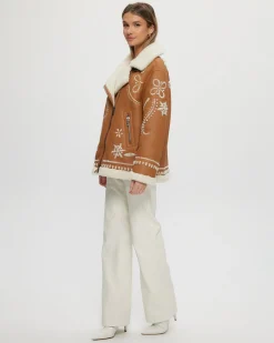 Merino Shearling Lamb Zip Jacket With Wool Embroidery
