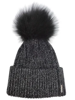 Metallic Wool Blend Knit Hat With Toscana Shearling Lamb Pompom