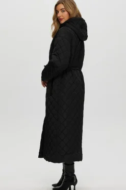 Quilted Fabric Zip Coat With Hood