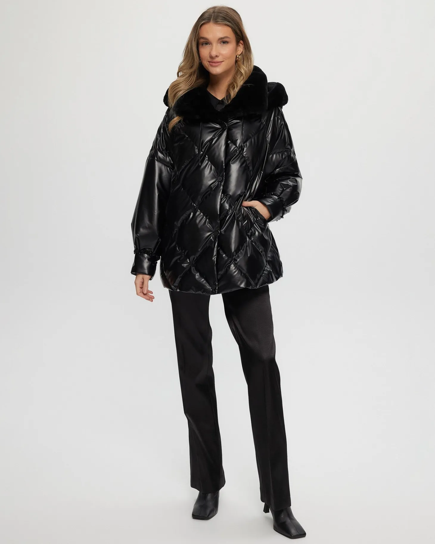 QUILTED PARKA WITH SHEARLING LAMB COLLAR & HOOD TRIM