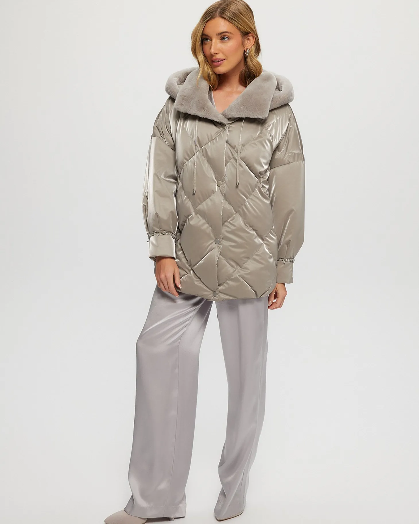 QUILTED PARKA WITH SHEARLING LAMB COLLAR & HOOD TRIM
