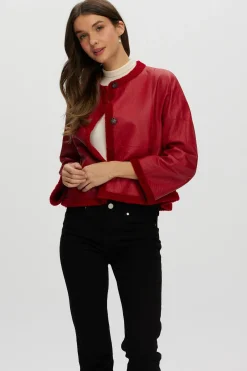 Reversible Collarless New Zealand Shearling Lamb Jacket With 3/4 Sleeves