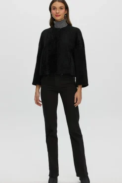 Reversible Collarless New Zealand Shearling Lamb Jacket With 3/4 Sleeves