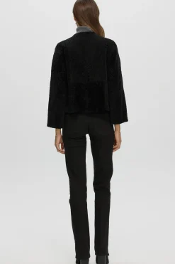 Reversible Collarless New Zealand Shearling Lamb Jacket With 3/4 Sleeves
