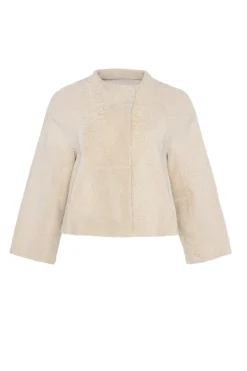 Reversible Collarless New Zealand Shearling Lamb Jacket With 3/4 Sleeves