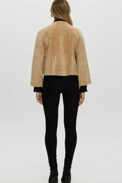 Reversible Collarless New Zealand Shearling Lamb Jacket With 3/4 Sleeves