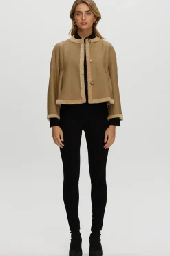 Reversible Collarless New Zealand Shearling Lamb Jacket With 3/4 Sleeves