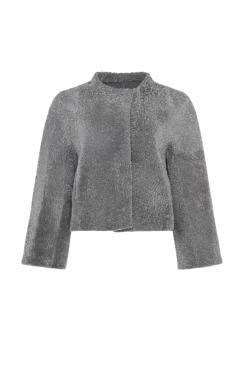 Reversible Collarless New Zealand Shearling Lamb Jacket With 3/4 Sleeves