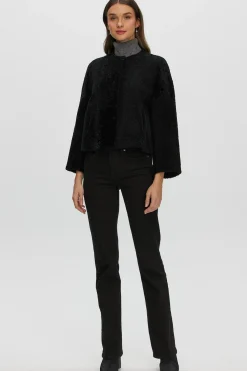 Reversible Collarless New Zealand Shearling Lamb Jacket With 3/4 Sleeves