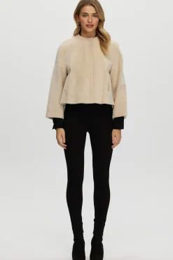 Reversible Collarless New Zealand Shearling Lamb Jacket With 3/4 Sleeves