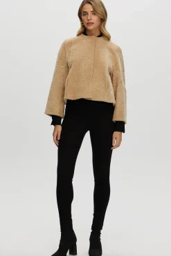 Reversible Collarless New Zealand Shearling Lamb Jacket With 3/4 Sleeves