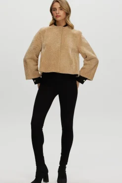 Reversible Collarless New Zealand Shearling Lamb Jacket With 3/4 Sleeves