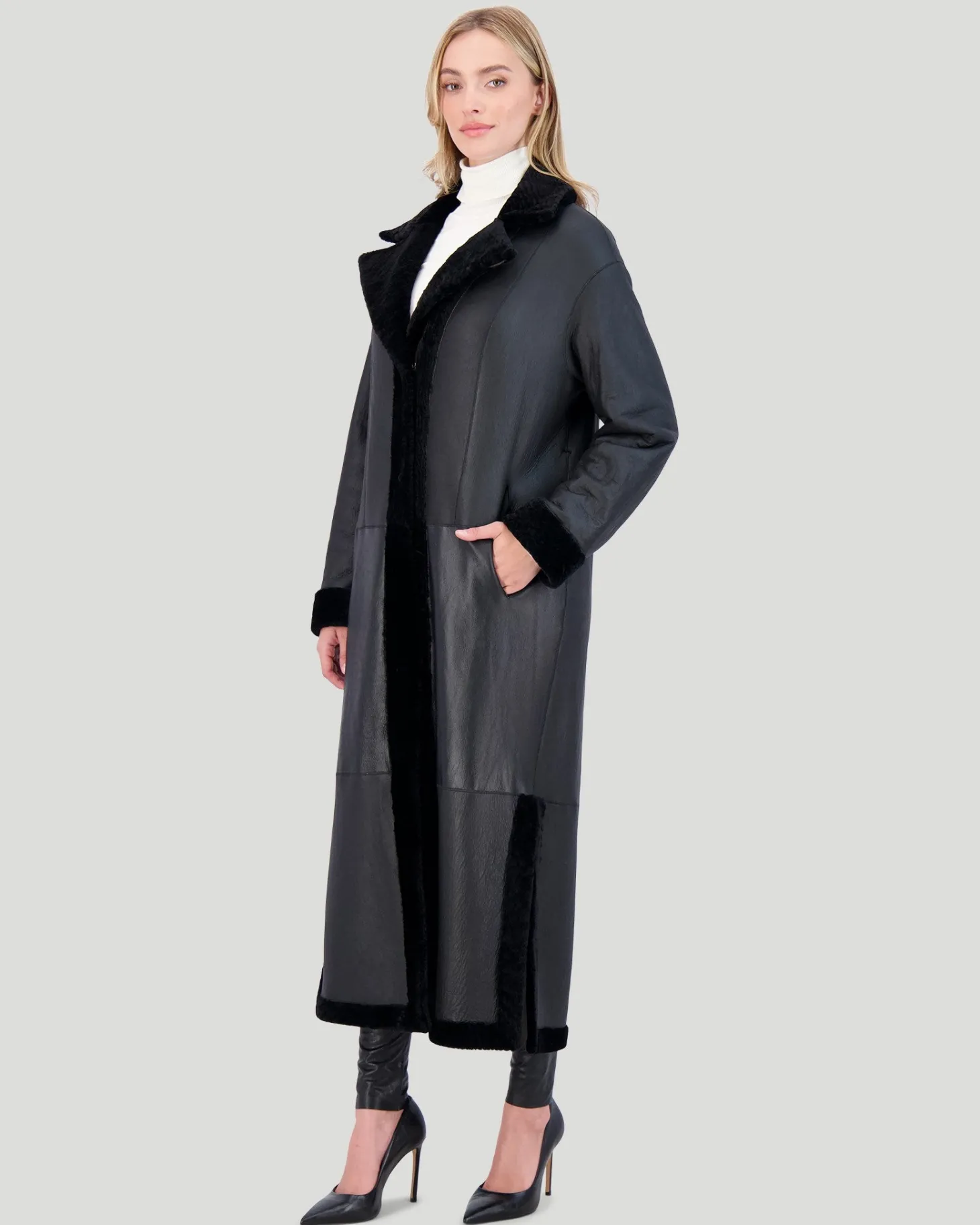 Reversible Select Shearling Lamb Coat With Side Slits And Belt