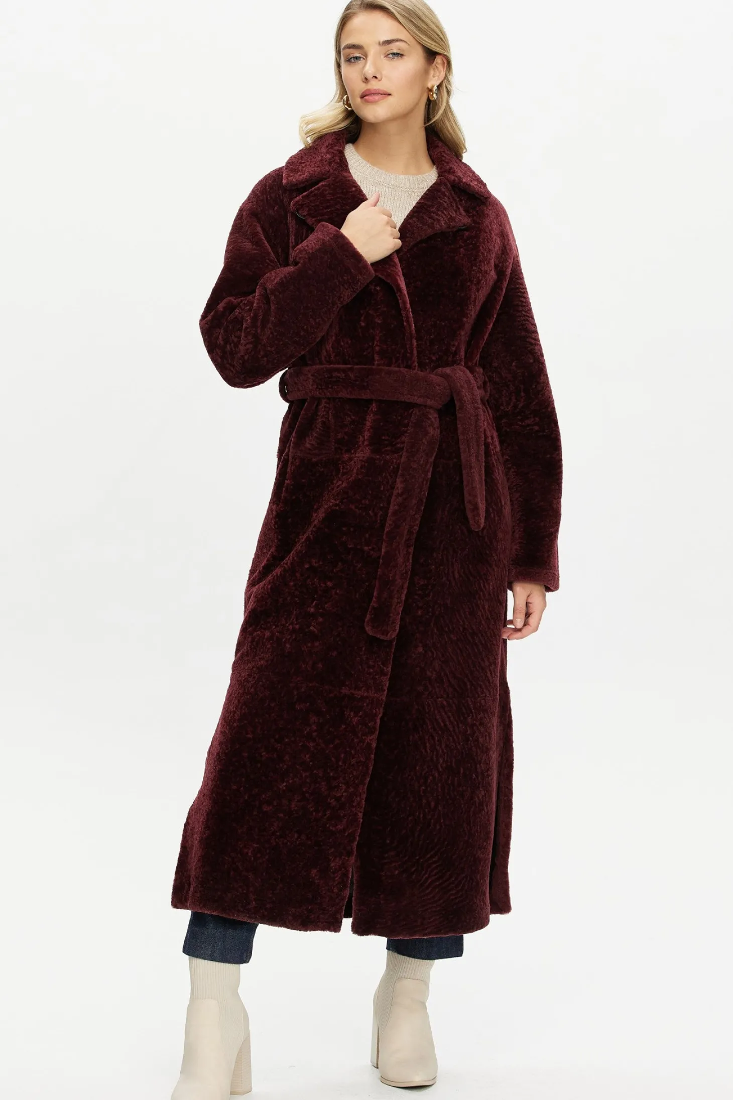 Reversible Select Shearling Lamb Coat With Side Slits And Belt