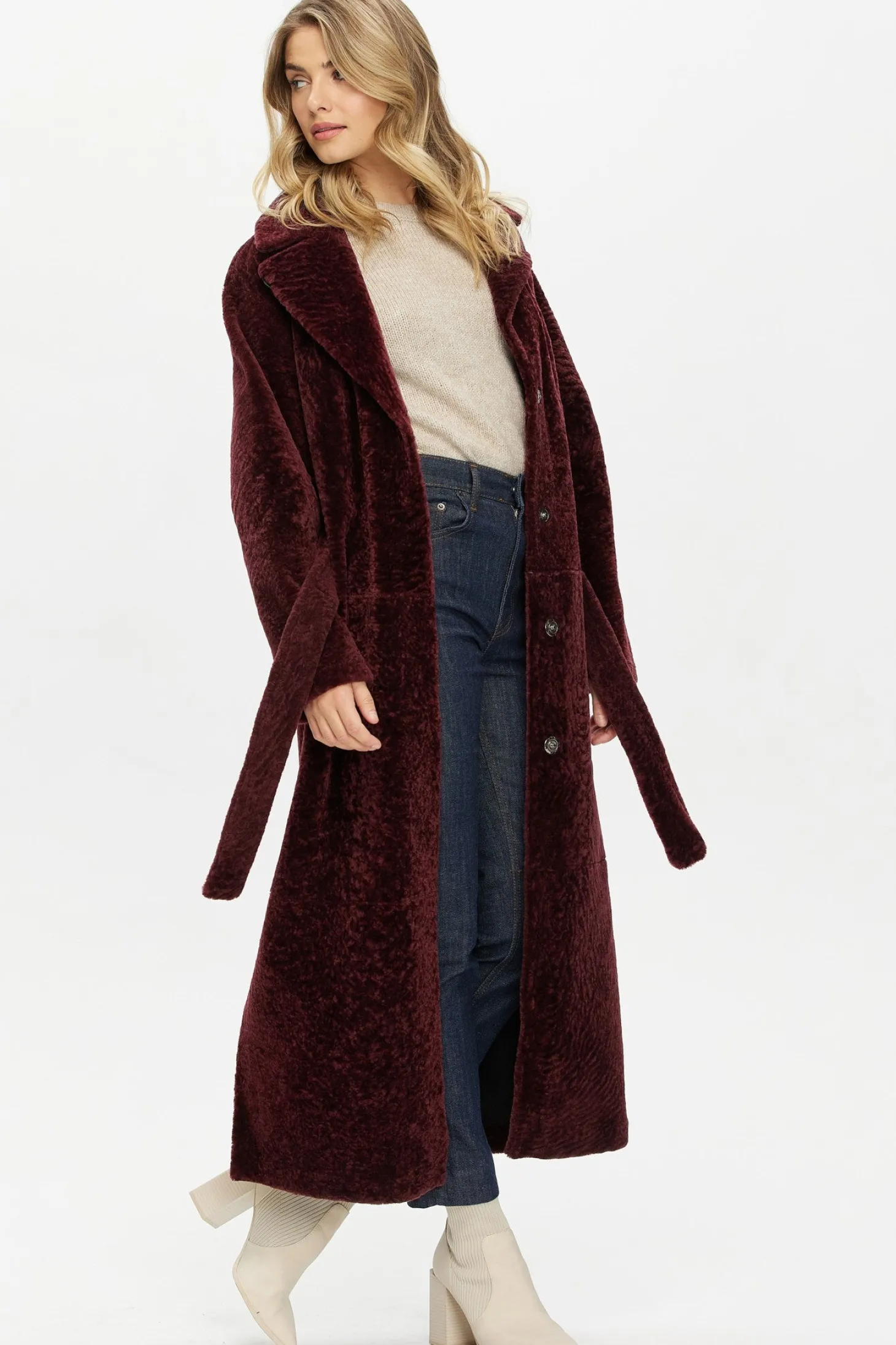 Reversible Select Shearling Lamb Coat With Side Slits And Belt