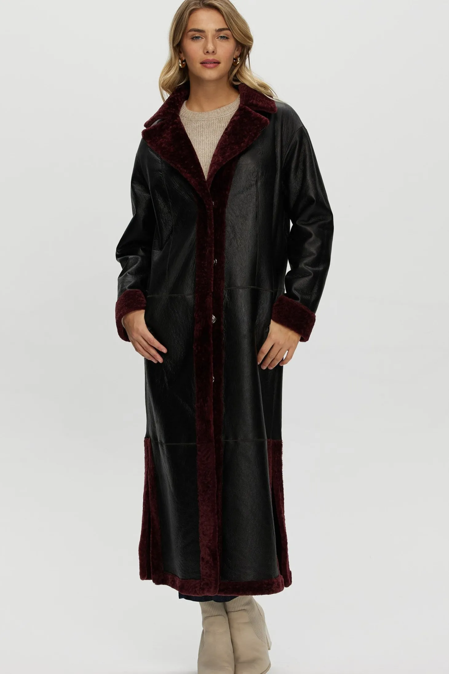 Reversible Select Shearling Lamb Coat With Side Slits And Belt