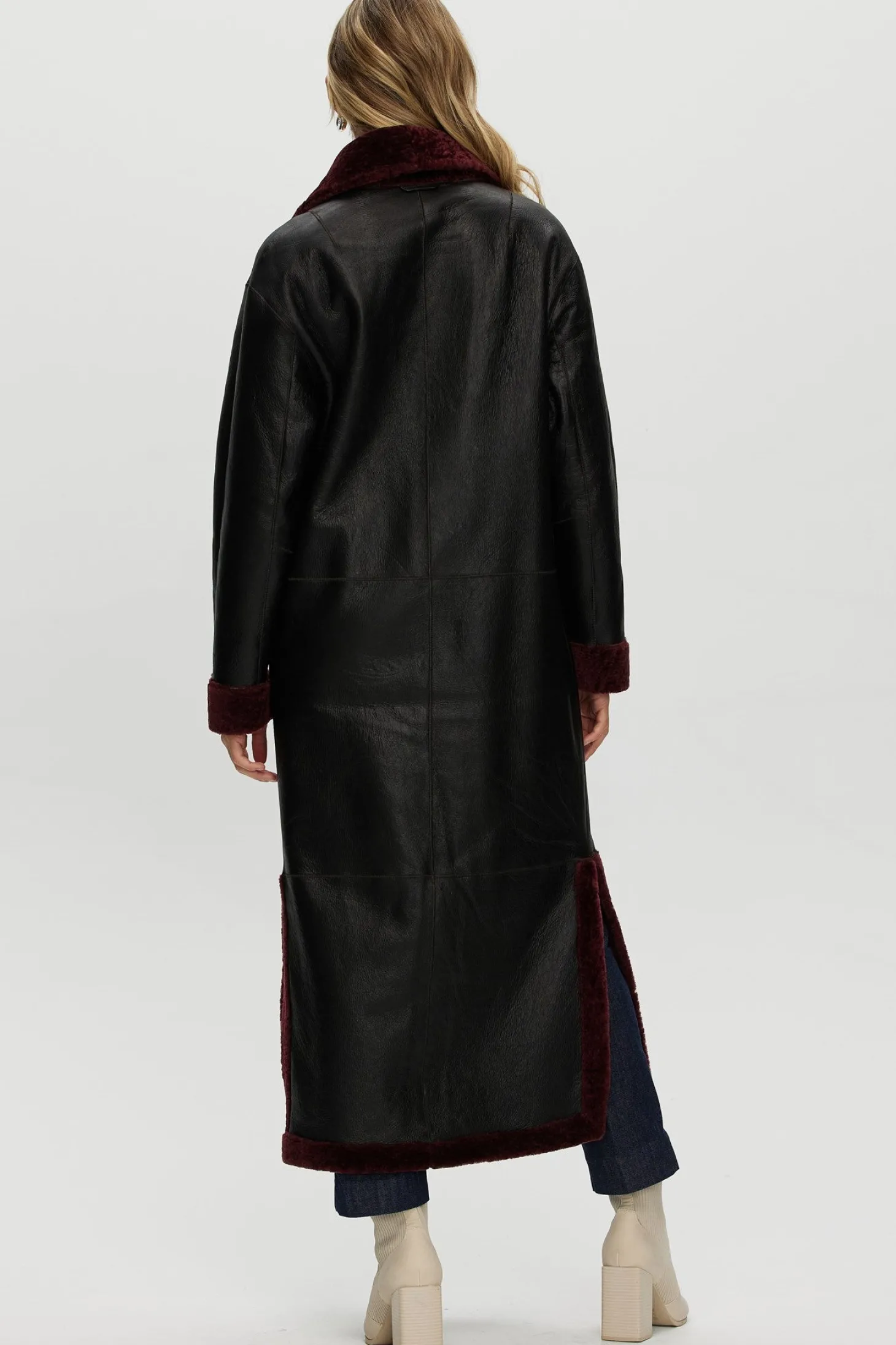 Reversible Select Shearling Lamb Coat With Side Slits And Belt