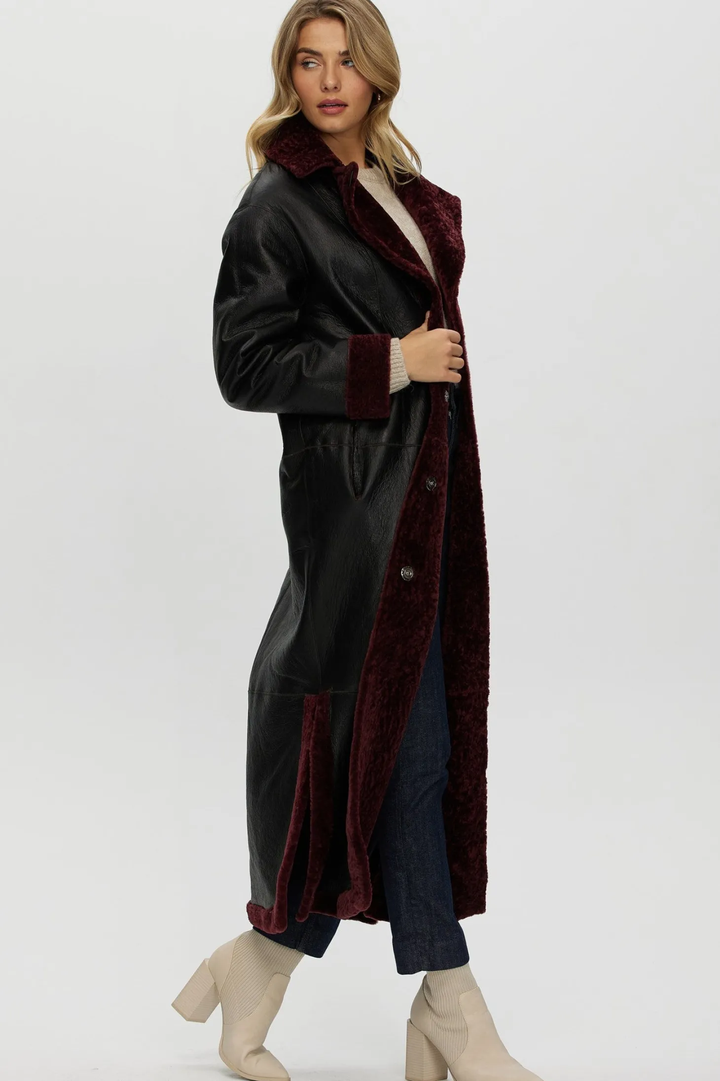 Reversible Select Shearling Lamb Coat With Side Slits And Belt