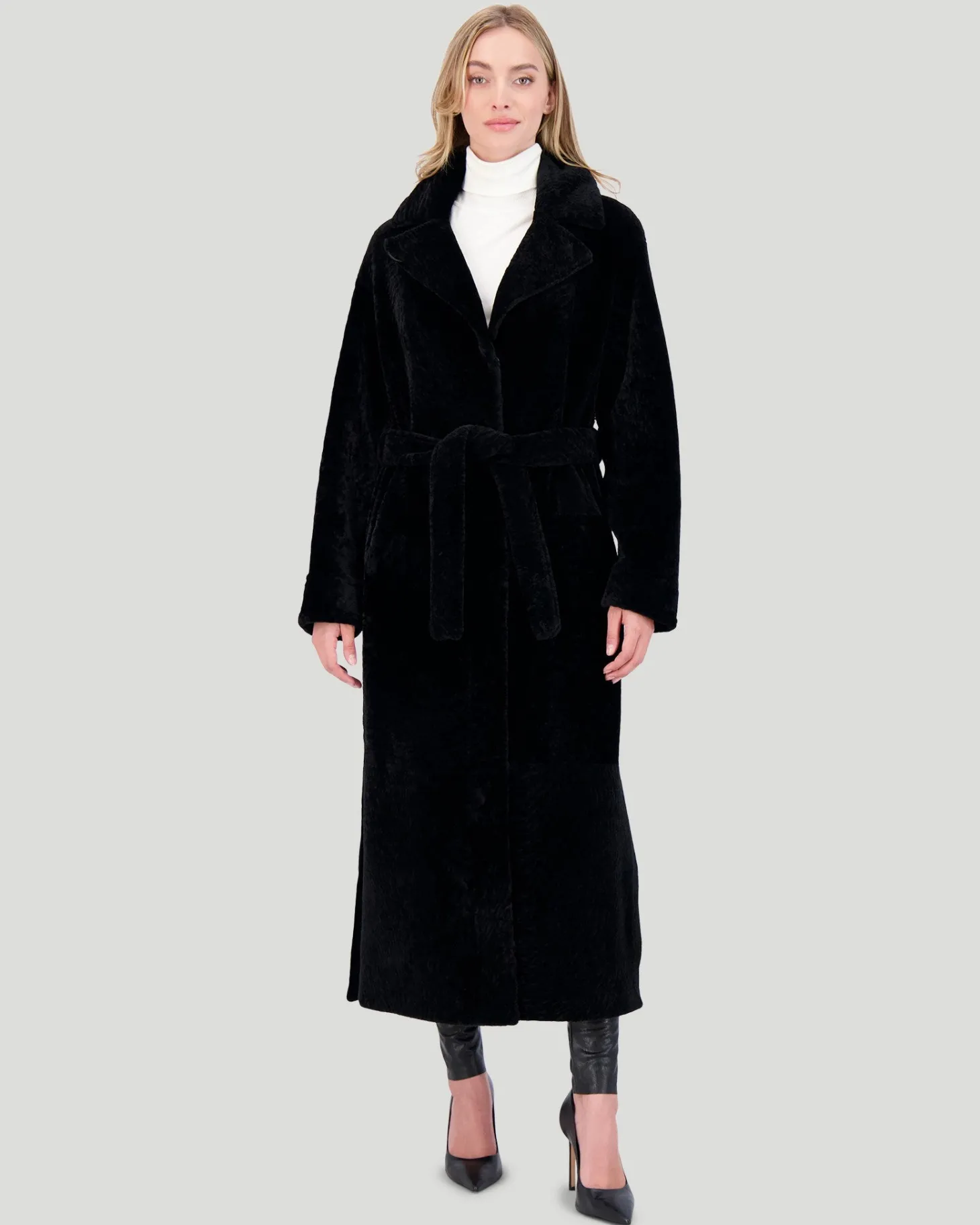 Reversible Select Shearling Lamb Coat With Side Slits And Belt