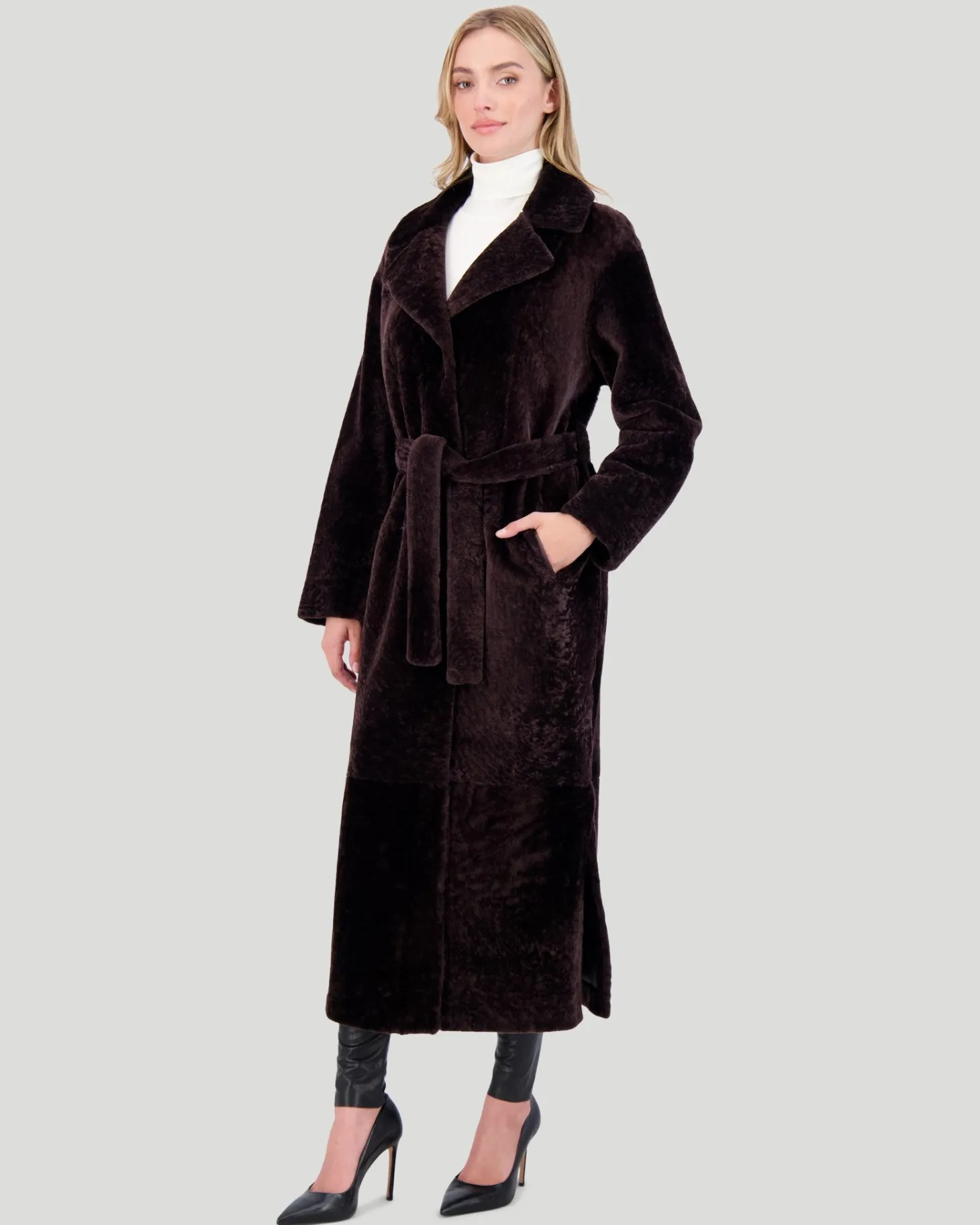Reversible Select Shearling Lamb Coat With Side Slits And Belt