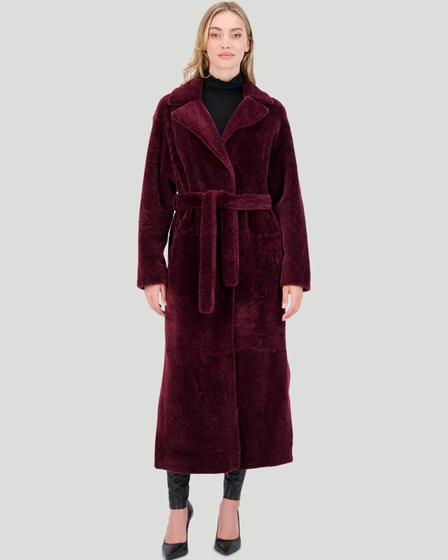 Reversible Select Shearling Lamb Coat With Side Slits And Belt