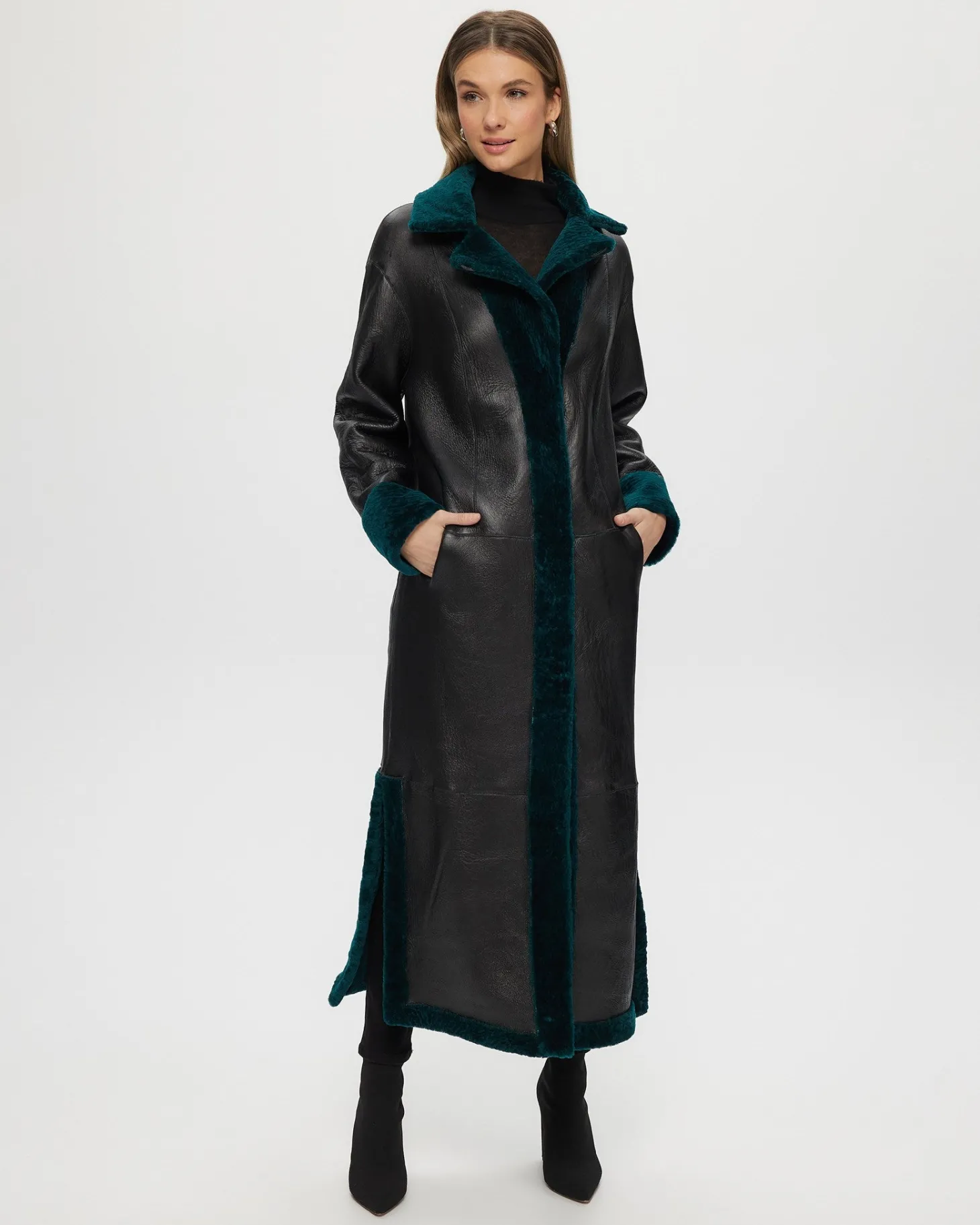 Reversible Select Shearling Lamb Coat With Side Slits And Belt