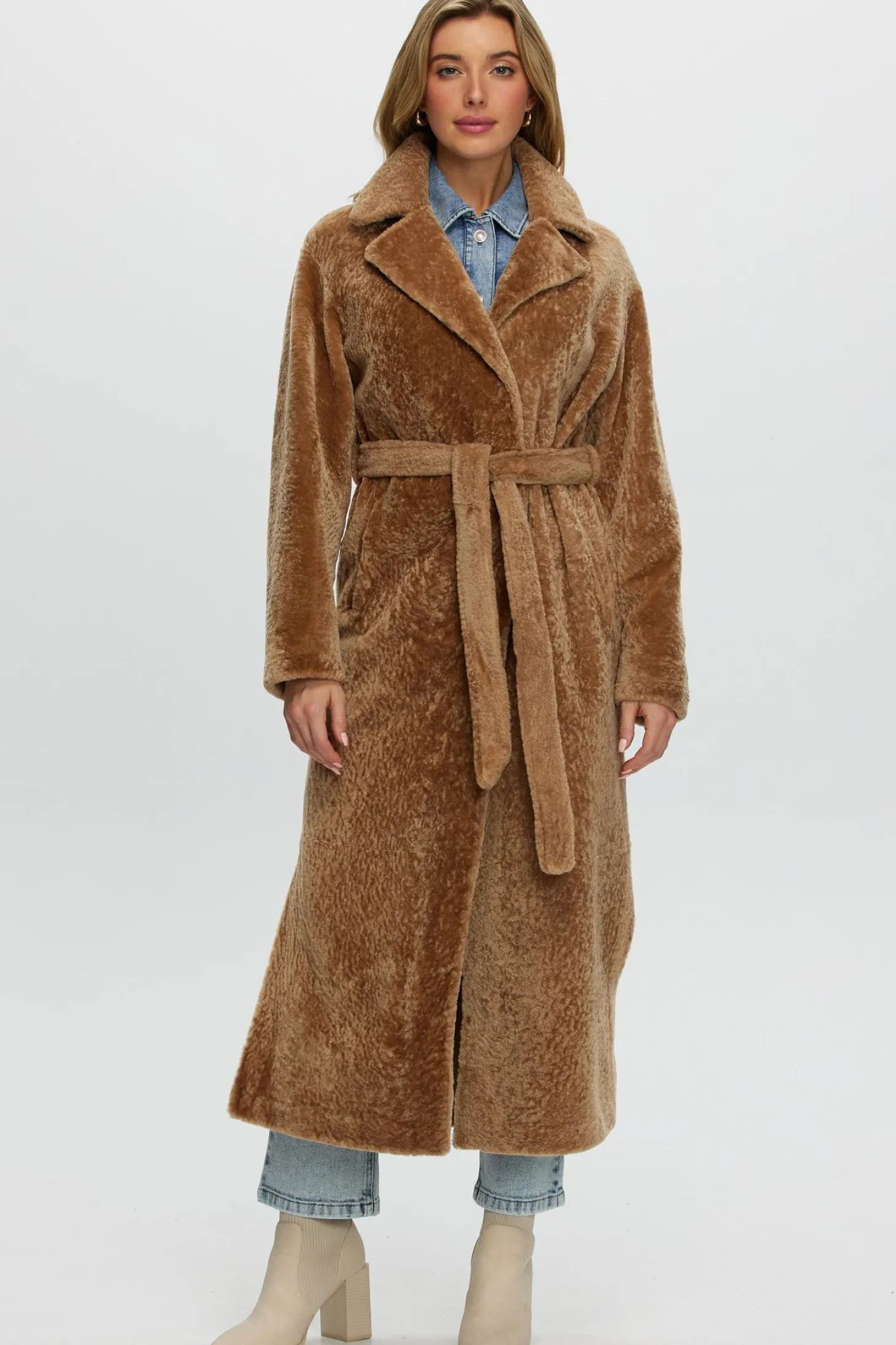 Reversible Select Shearling Lamb Coat With Side Slits And Belt