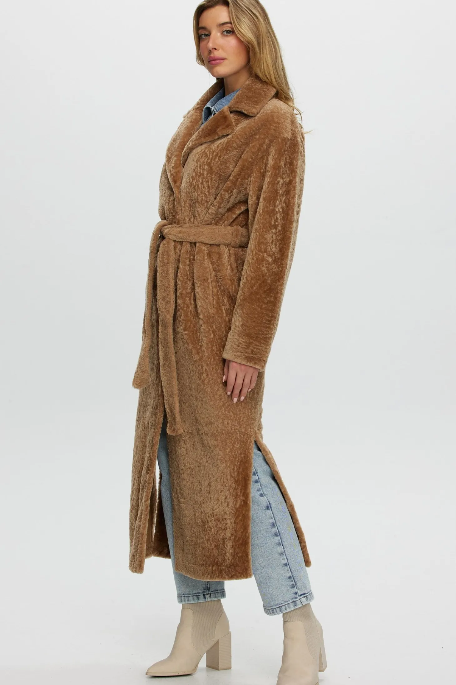 Reversible Select Shearling Lamb Coat With Side Slits And Belt