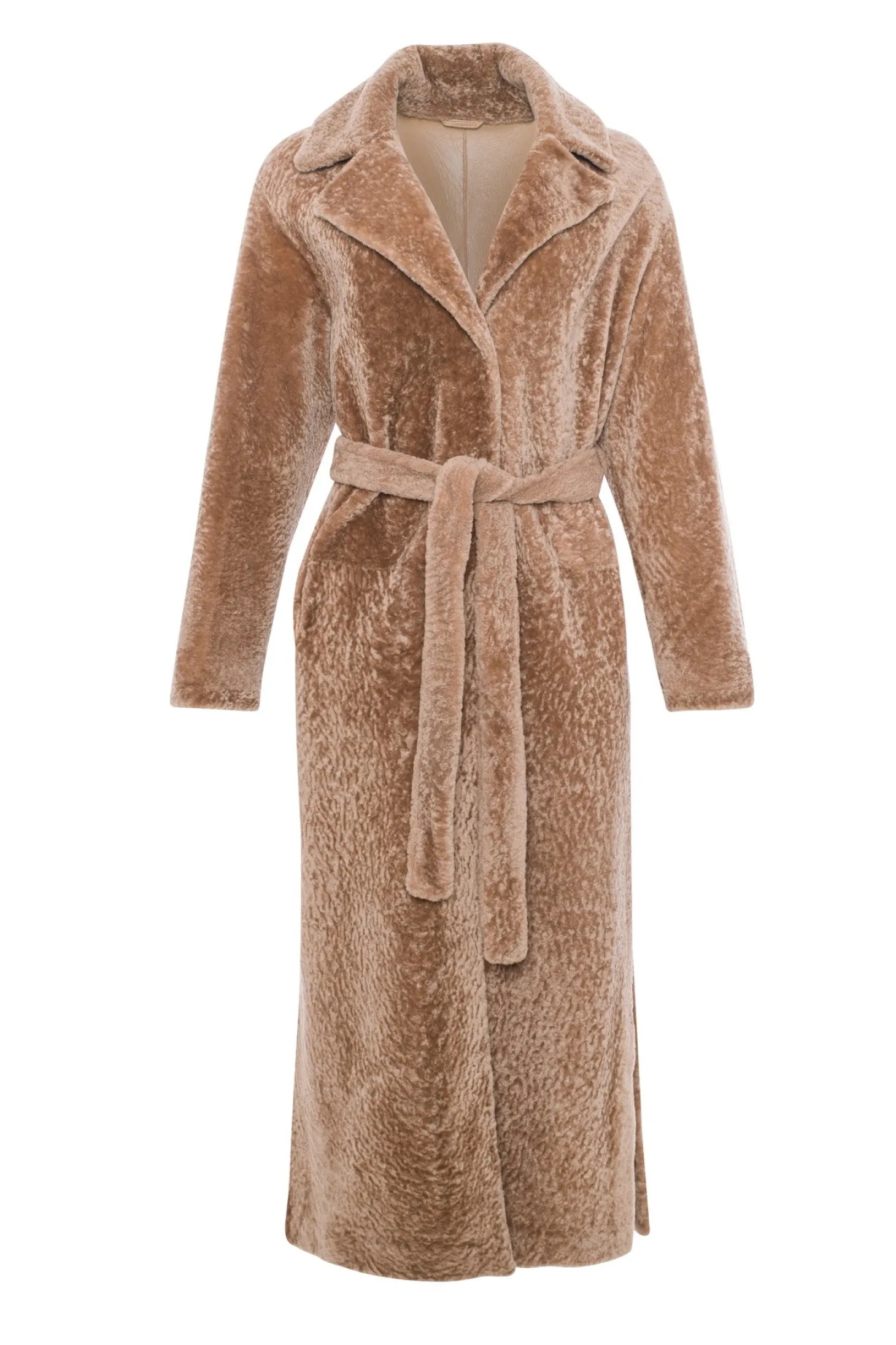 Reversible Select Shearling Lamb Coat With Side Slits And Belt