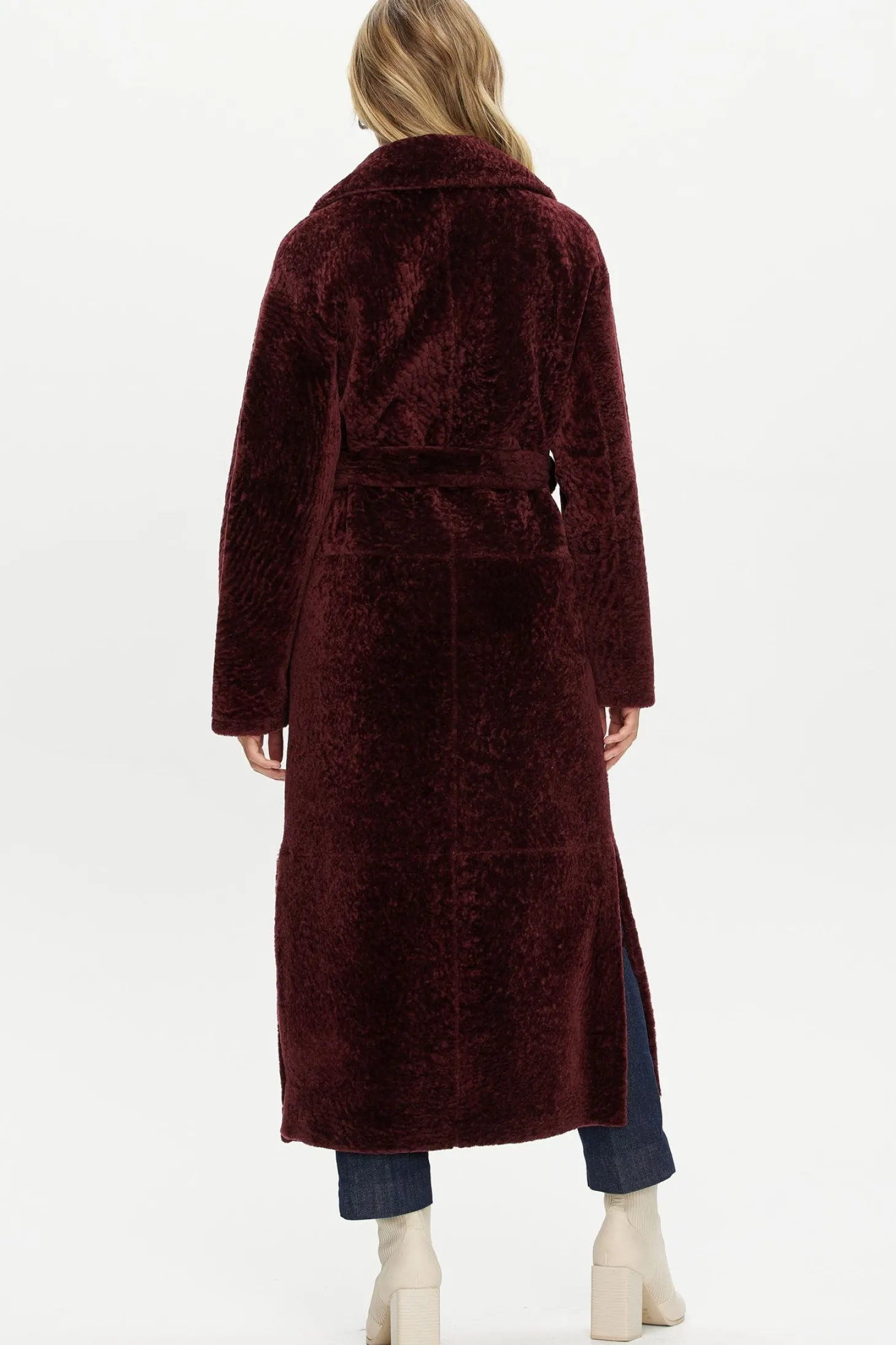 Reversible Select Shearling Lamb Coat With Side Slits And Belt